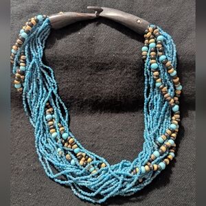 Blue And Brown Beaded Wooden Multi Strand Layered Statement Necklace